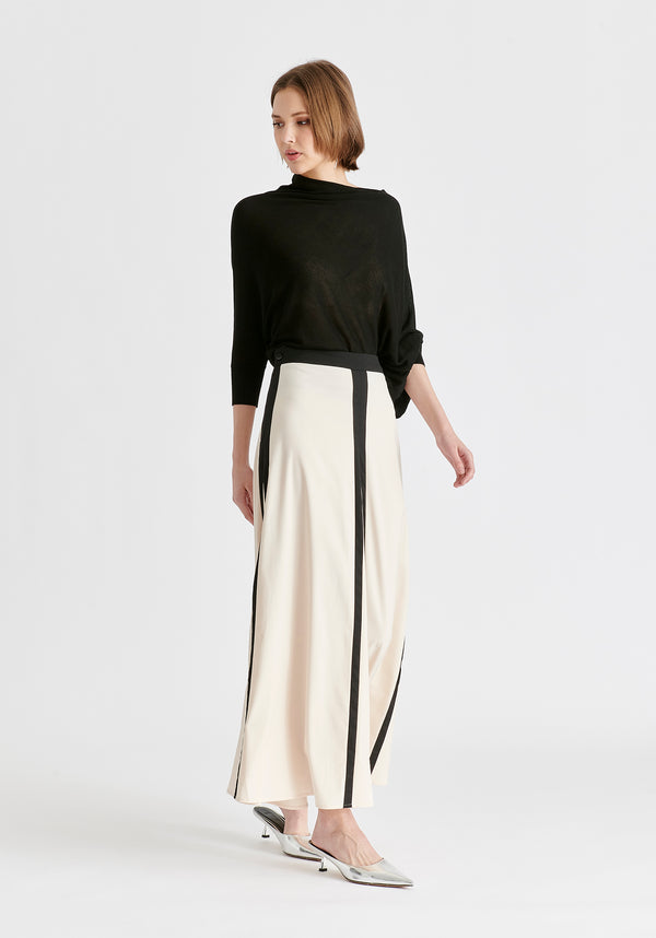 Contrast Trim Maxi Skirt in Beige and Black Side
